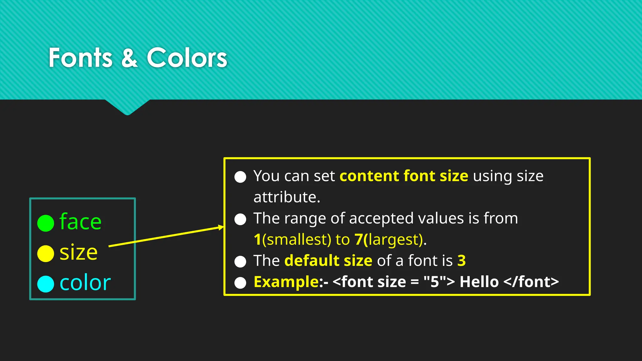 Fonts & Colors
● face
● size
● color
● You can set content font size using size
attribute.
● The range of accepted values is from
1(smallest) to 7(largest).
● The default size of a font is 3
● Example:- <font size = "5"> Hello </font>
 