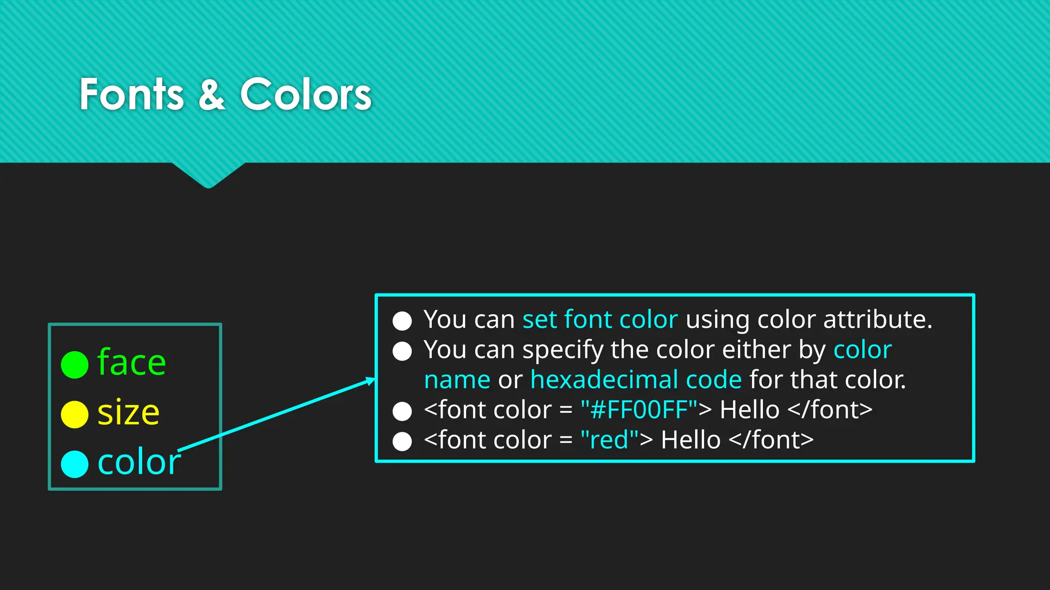 Fonts & Colors
● face
● size
● color
● You can set font color using color attribute.
● You can specify the color either by color
name or hexadecimal code for that color.
● <font color = "#FF00FF"> Hello </font>
● <font color = "red"> Hello </font>
 