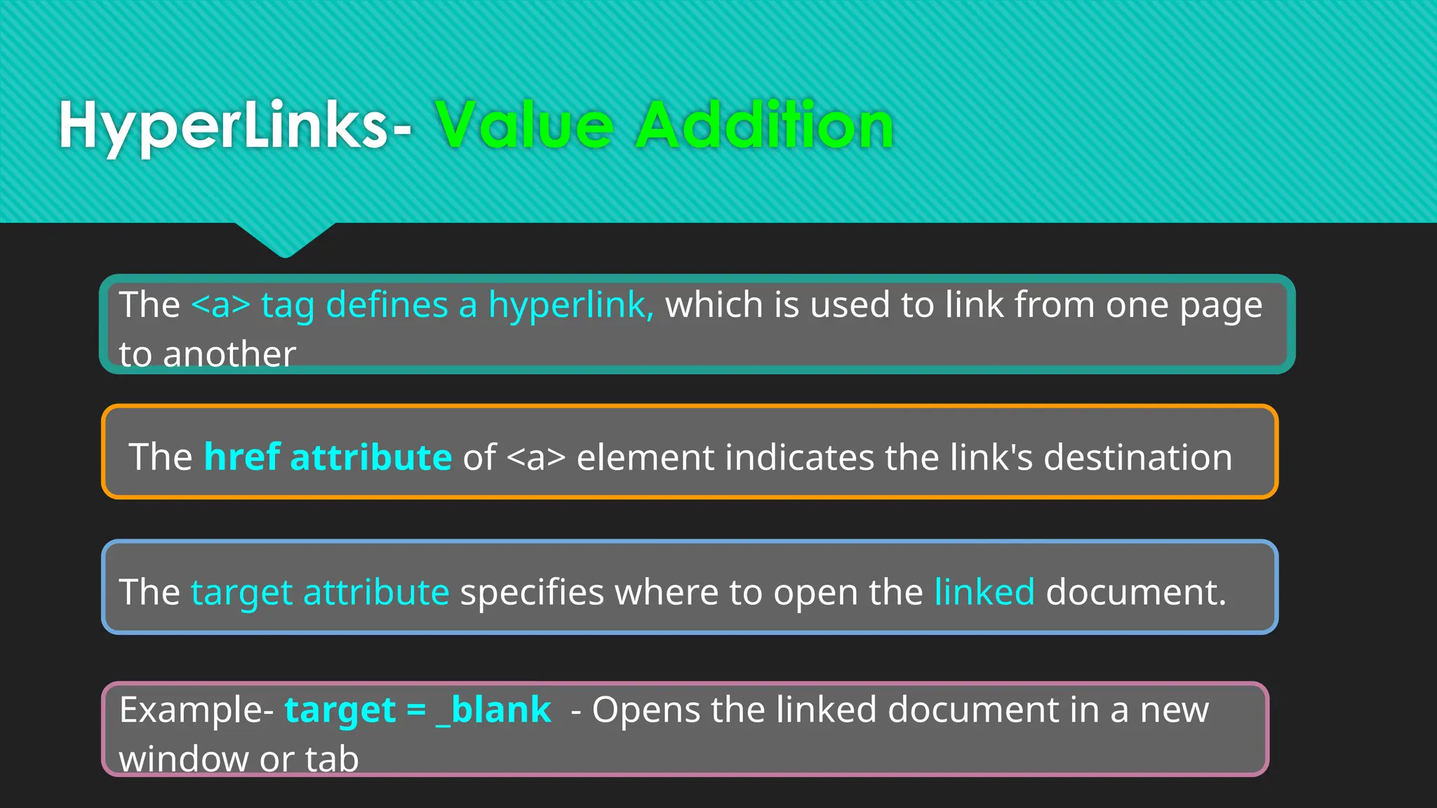 HyperLinks- Value Addition
The <a> tag defines a hyperlink, which is used to link from one page
to another
The href attribute of <a> element indicates the link's destination
The target attribute specifies where to open the linked document.
Example- target = _blank - Opens the linked document in a new
window or tab
 