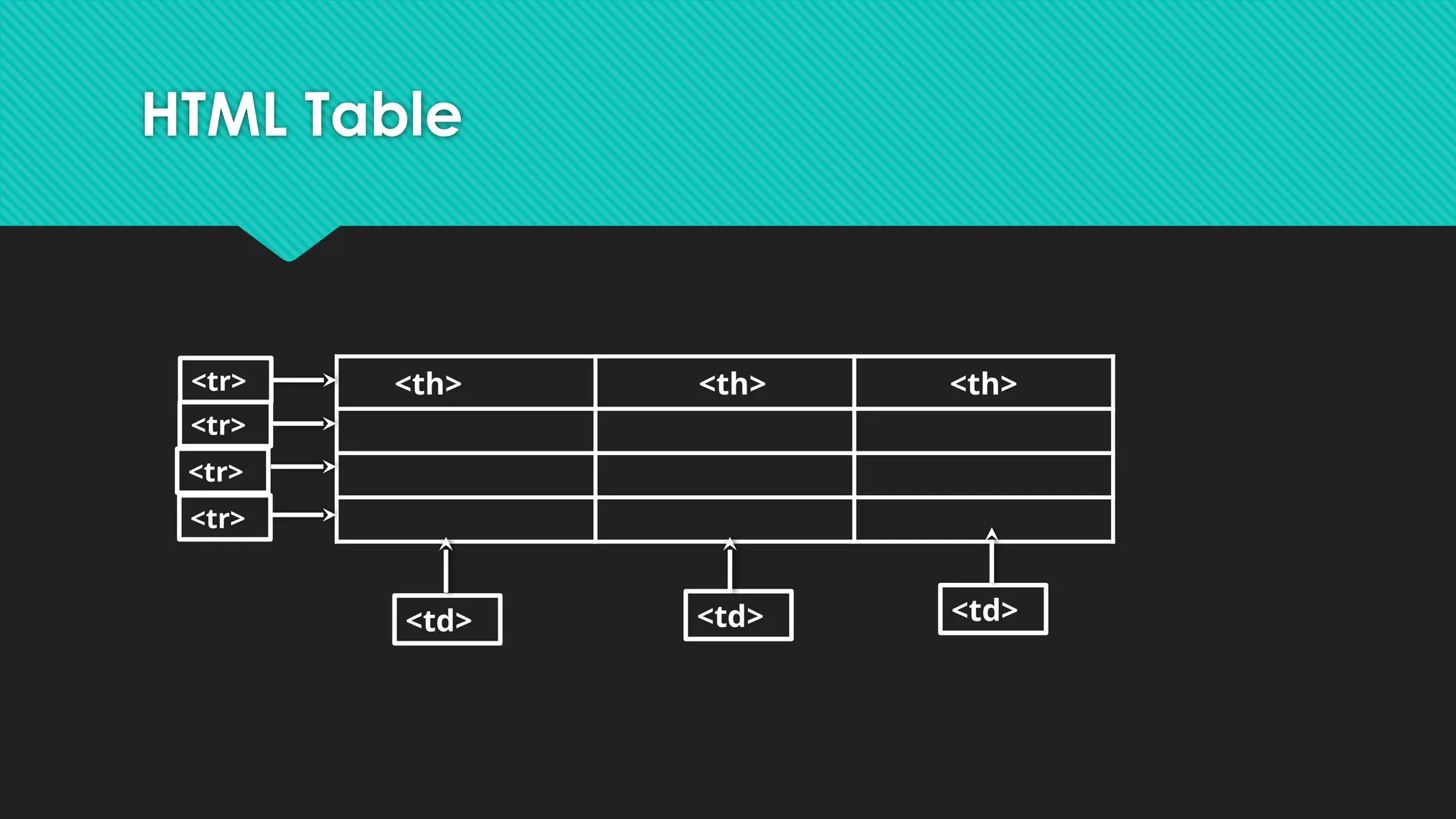 HTML Table
<th> <th> <th>
<tr>
<tr>
<tr>
<tr>
<td> <td> <td>
 