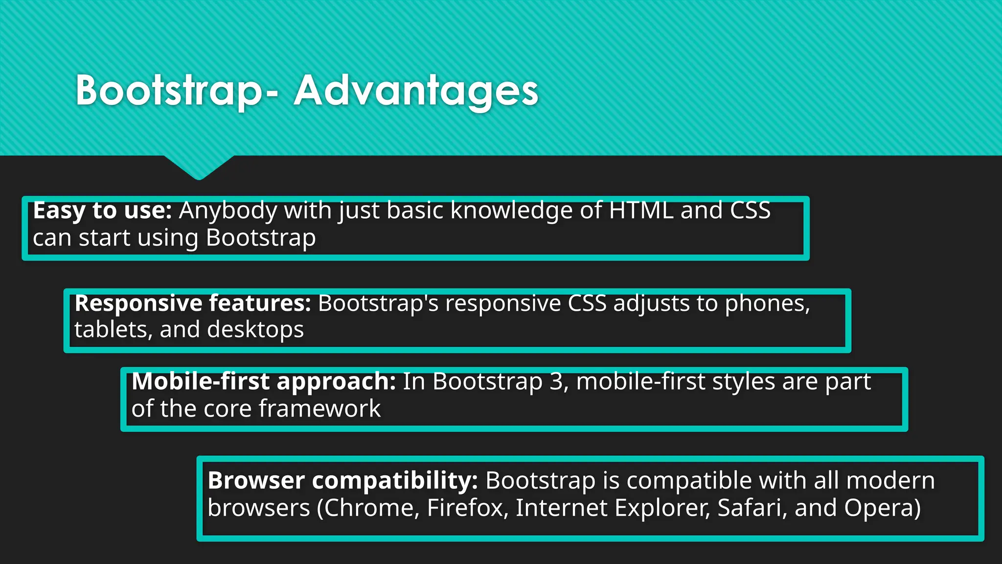 Bootstrap- Advantages
Easy to use: Anybody with just basic knowledge of HTML and CSS
can start using Bootstrap
Responsive features: Bootstrap's responsive CSS adjusts to phones,
tablets, and desktops
Mobile-first approach: In Bootstrap 3, mobile-first styles are part
of the core framework
Browser compatibility: Bootstrap is compatible with all modern
browsers (Chrome, Firefox, Internet Explorer, Safari, and Opera)
 