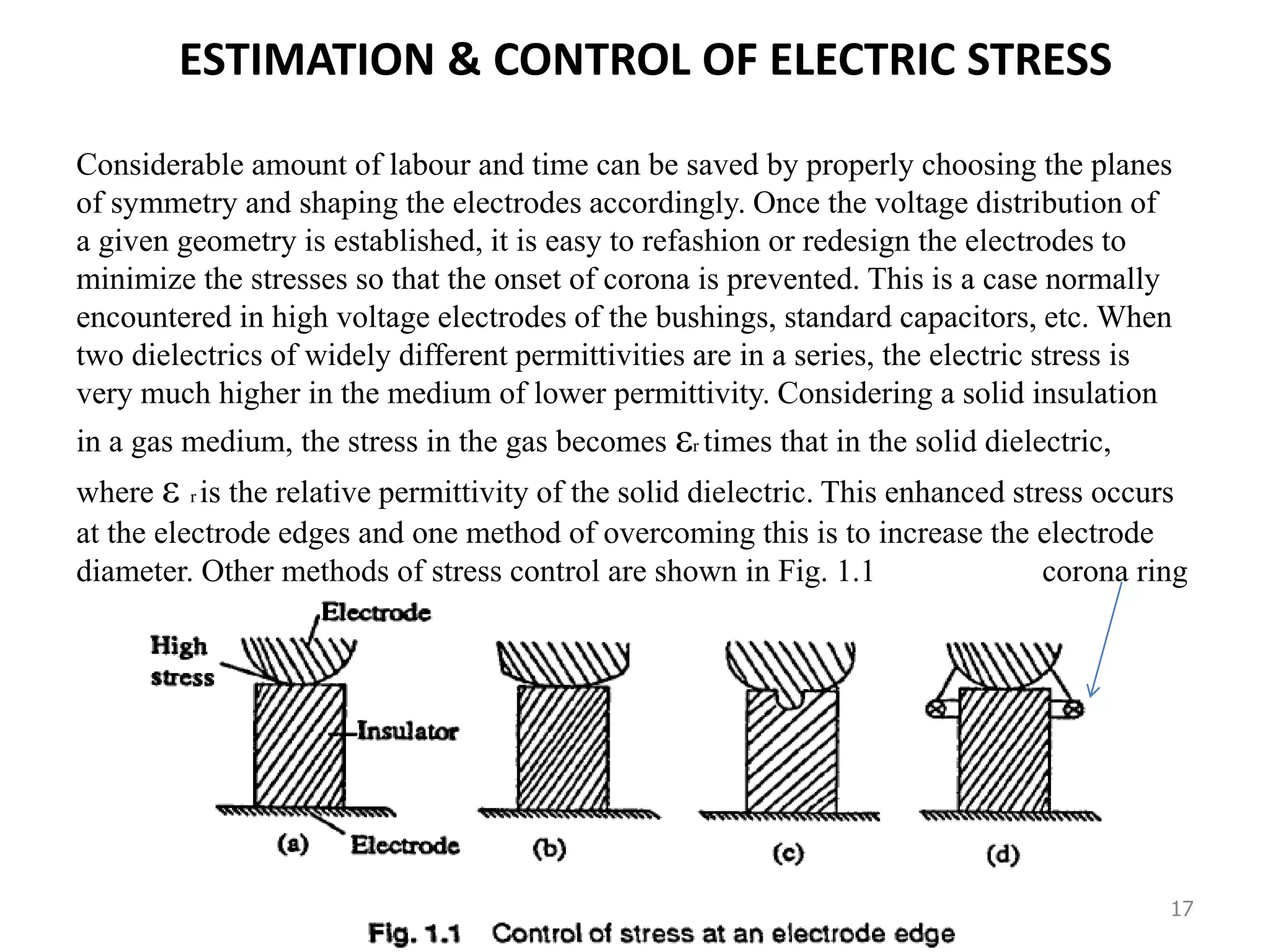 17
ESTIMATION & CONTROL OF ELECTRIC STRESS
Considerable amount of labour and time can be saved by properly choosing the planes
of symmetry and shaping the electrodes accordingly. Once the voltage distribution of
a given geometry is established, it is easy to refashion or redesign the electrodes to
minimize the stresses so that the onset of corona is prevented. This is a case normally
encountered in high voltage electrodes of the bushings, standard capacitors, etc. When
two dielectrics of widely different permittivities are in a series, the electric stress is
very much higher in the medium of lower permittivity. Considering a solid insulation
in a gas medium, the stress in the gas becomes εr times that in the solid dielectric,
where ε r is the relative permittivity of the solid dielectric. This enhanced stress occurs
at the electrode edges and one method of overcoming this is to increase the electrode
diameter. Other methods of stress control are shown in Fig. 1.1 corona ring
 