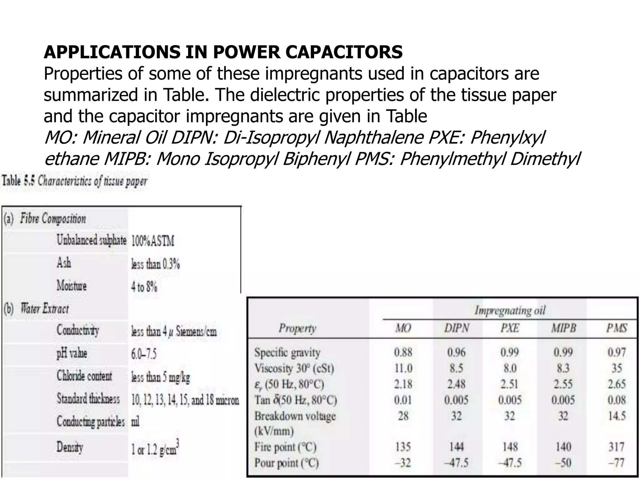 APPLICATIONS IN POWER CAPACITORS
Properties of some of these impregnants used in capacitors are
summarized in Table. The dielectric properties of the tissue paper
and the capacitor impregnants are given in Table
MO: Mineral Oil DIPN: Di-Isopropyl Naphthalene PXE: Phenylxyl
ethane MIPB: Mono Isopropyl Biphenyl PMS: Phenylmethyl Dimethyl
Siloxane
 