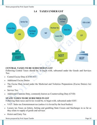 Notes prepared by Prof. Sujeet Tambe
Notes prepared by Prof. Sujeet Tambe Page 10
1.4 TAXES UNDER GST
CENTRAL TAXES TO BE SUBSUMED IN GST
Following Central Taxes should be, to begin with, subsumed under the Goods and Services
Tax:
 Central Excise Duty (CENVAT)
 Additional Excise Duties
 The Excise Duty levied under the Medicinal and Toiletries Preparations (Excise Duties) Act
1955
 Service Tax
 Additional Customs Duty, commonly known as Countervailing Duty (CVD)
STATE TAXES TO BE SUBSUMED IN GST
Following State taxes and levies would be, to begin with, subsumed under GST:
 VAT / Sales tax Entertainment tax (unless it is levied by the local bodies)
 Luxury tax Taxes on lottery, betting and gambling State Cesses and Surcharges in so far as
they relate to supply of goods and services
 Octroi and Entry Tax
 