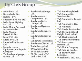 The TVS Group
 Axles India Ltd.
 Brakes India Ltd.
 Delphi - TVS
 Firestone TVS Pvt. Ltd.
 India Japan Lighting
Pvt. Ltd.
 India Motor Parts and
Accessories Ltd.
 India Nippon
Electricals Ltd.
 Irizar TVS Ltd.
 Lucas-TVS Ltd.
 Lucas Indian Service
Ltd.
 Manufacturers
Equipment and Supply
Company
 TV Sundaram Iyengar
& Sons Ltd.
 TVS Auto Bangladesh
 TVS Automobile
Solutions Ltd.
 TVS Automotive Europe
Ltd.
 TVS Automotive Ltd.
 TVS AutoServ
 TVS Credit Services Ltd.
 TVS Dynamic Global
Freight Services Ltd.
 TVS Electronics Ltd.
 TVS Infrastructure Ltd.
 TVS Interconnect
Systems Ltd.
 TVS Motor Company
 TVS Sewing Needles
 TVS Supply Chain
Solutions
 Wheels India Ltd., etc….
 Southern Roadways
Ltd.
 Sundaram Auto
Components Ltd.
 Sundaram Brake
Linings Ltd.
 Sundaram Dynacast
Pvt. Ltd.
 Sundaram Fasteners
Ltd.
 Sundaram Industries
Ltd.
 Sundaram Textiles Ltd.
 Sundaram-Clayton Ltd.
 Turbo Energy Ltd.
 TVS America Inc.
 TVS Srichakra Ltd.
 ZF Electronics TVS
(India) Pvt. Ltd.
 
