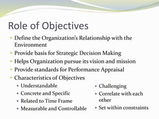 Role of Objectives
 Define the Organization’s Relationship with the
Environment
 Provide basis for Strategic Decision Making
 Helps Organization pursue its vision and mission
 Provide standards for Performance Appraisal
 Characteristics of Objectives
 Understandable
 Concrete and Specific
 Related to Time Frame
 Measurable and Controllable
 Challenging
 Correlate with each
other
 Set within constraints
 