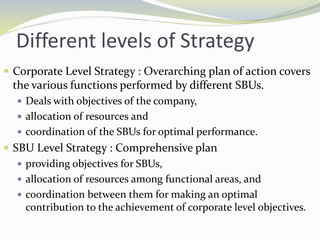 Different levels of Strategy
 Corporate Level Strategy : Overarching plan of action covers
the various functions performed by different SBUs.
 Deals with objectives of the company,
 allocation of resources and
 coordination of the SBUs for optimal performance.
 SBU Level Strategy : Comprehensive plan
 providing objectives for SBUs,
 allocation of resources among functional areas, and
 coordination between them for making an optimal
contribution to the achievement of corporate level objectives.
 