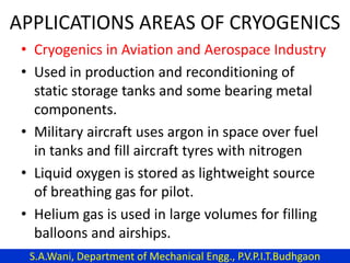 APPLICATIONS AREAS OF CRYOGENICS
• Cryogenics in Aviation and Aerospace Industry
• Used in production and reconditioning of
static storage tanks and some bearing metal
components.
• Military aircraft uses argon in space over fuel
in tanks and fill aircraft tyres with nitrogen
• Liquid oxygen is stored as lightweight source
of breathing gas for pilot.
• Helium gas is used in large volumes for filling
balloons and airships.
S.A.Wani, Department of Mechanical Engg., P.V.P.I.T.Budhgaon
 