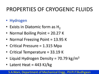 PROPERTIES OF CRYOGENIC FLUIDS
• Hydrogen
• Exists in Diatomic form as H2
• Normal Boiling Point = 20.27 K
• Normal Freezing Point = 13.95 K
• Critical Pressure = 1.315 Mpa
• Critical Temperature = 33.19 K
• Liquid Hydrogen Density = 70.79 kg/m3
• Latent Heat = 443 KJ/kg
S.A.Wani, Department of Mechanical Engg., P.V.P.I.T.Budhgaon
 