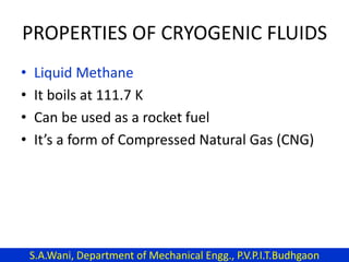 PROPERTIES OF CRYOGENIC FLUIDS
• Liquid Methane
• It boils at 111.7 K
• Can be used as a rocket fuel
• It’s a form of Compressed Natural Gas (CNG)
S.A.Wani, Department of Mechanical Engg., P.V.P.I.T.Budhgaon
 