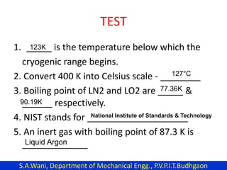 TEST
1. _____ is the temperature below which the
cryogenic range begins.
2. Convert 400 K into Celsius scale - ________
3. Boiling point of LN2 and LO2 are _____ &
______ respectively.
4. NIST stands for ____________________
5. An inert gas with boiling point of 87.3 K is
_____________
123K
127°C
77.36K
90.19K
National Institute of Standards & Technology
Liquid Argon
S.A.Wani, Department of Mechanical Engg., P.V.P.I.T.Budhgaon
 