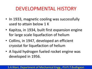 DEVELOPMENTAL HISTORY
• In 1933, magnetic cooling was successfully
used to attain below 1 K
• Kapitza, in 1934, built first expansion engine
for large scale liquefaction of helium
• Collins, in 1947, developed an efficient
cryostat for liquefaction of helium
• A liquid hydrogen fueled rocket engine was
developed in 1956.
S.A.Wani, Department of Mechanical Engg., P.V.P.I.T.Budhgaon
 