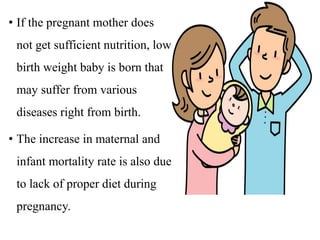 • If the pregnant mother does
not get sufficient nutrition, low
birth weight baby is born that
may suffer from various
diseases right from birth.
• The increase in maternal and
infant mortality rate is also due
to lack of proper diet during
pregnancy.
 