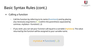 Basic Syntax Rules (cont.)
● Calling a function
○ Call the function by referring to its name (function()) and by placing
any necessary arguments (1, 2) within the parenthesis separated by
commas. myValue = function(1, 2)
○ If you wish, you can set your function call equal to a variable (myValue). The value
returned by the function will be assigned to your variable name.
myValue = function(1, 2)
 