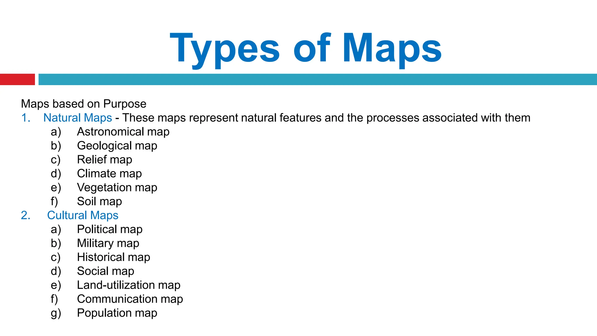 Types of Maps
Maps based on Purpose
1. Natural Maps - These maps represent natural features and the processes associated with them
a) Astronomical map
b) Geological map
c) Relief map
d) Climate map
e) Vegetation map
f) Soil map
2. Cultural Maps
a) Political map
b) Military map
c) Historical map
d) Social map
e) Land-utilization map
f) Communication map
g) Population map
 