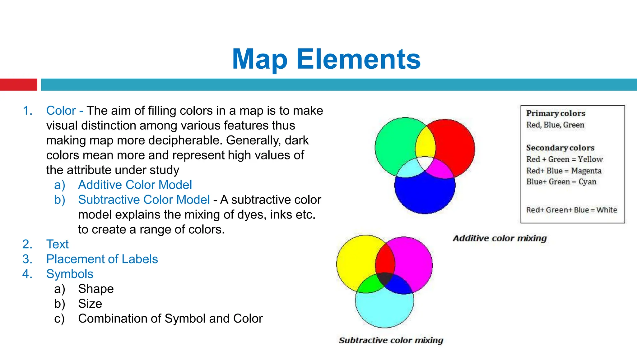 Map Elements
1. Color - The aim of filling colors in a map is to make
visual distinction among various features thus
making map more decipherable. Generally, dark
colors mean more and represent high values of
the attribute under study
a) Additive Color Model
b) Subtractive Color Model - A subtractive color
model explains the mixing of dyes, inks etc.
to create a range of colors.
2. Text
3. Placement of Labels
4. Symbols
a) Shape
b) Size
c) Combination of Symbol and Color
 