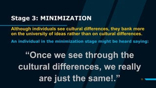 Stage 3: MINIMIZATION
Although individuals see cultural differences, they bank more
on the university of ideas rather than on cultural differences.
An individual in the minimization stage might be heard saying:
“Once we see through the
cultural differences, we really
are just the same!.” 11
 
