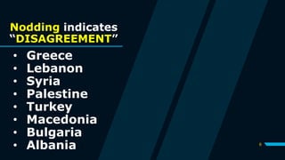 6
Nodding indicates
“DISAGREEMENT”
• Greece
• Lebanon
• Syria
• Palestine
• Turkey
• Macedonia
• Bulgaria
• Albania
 
