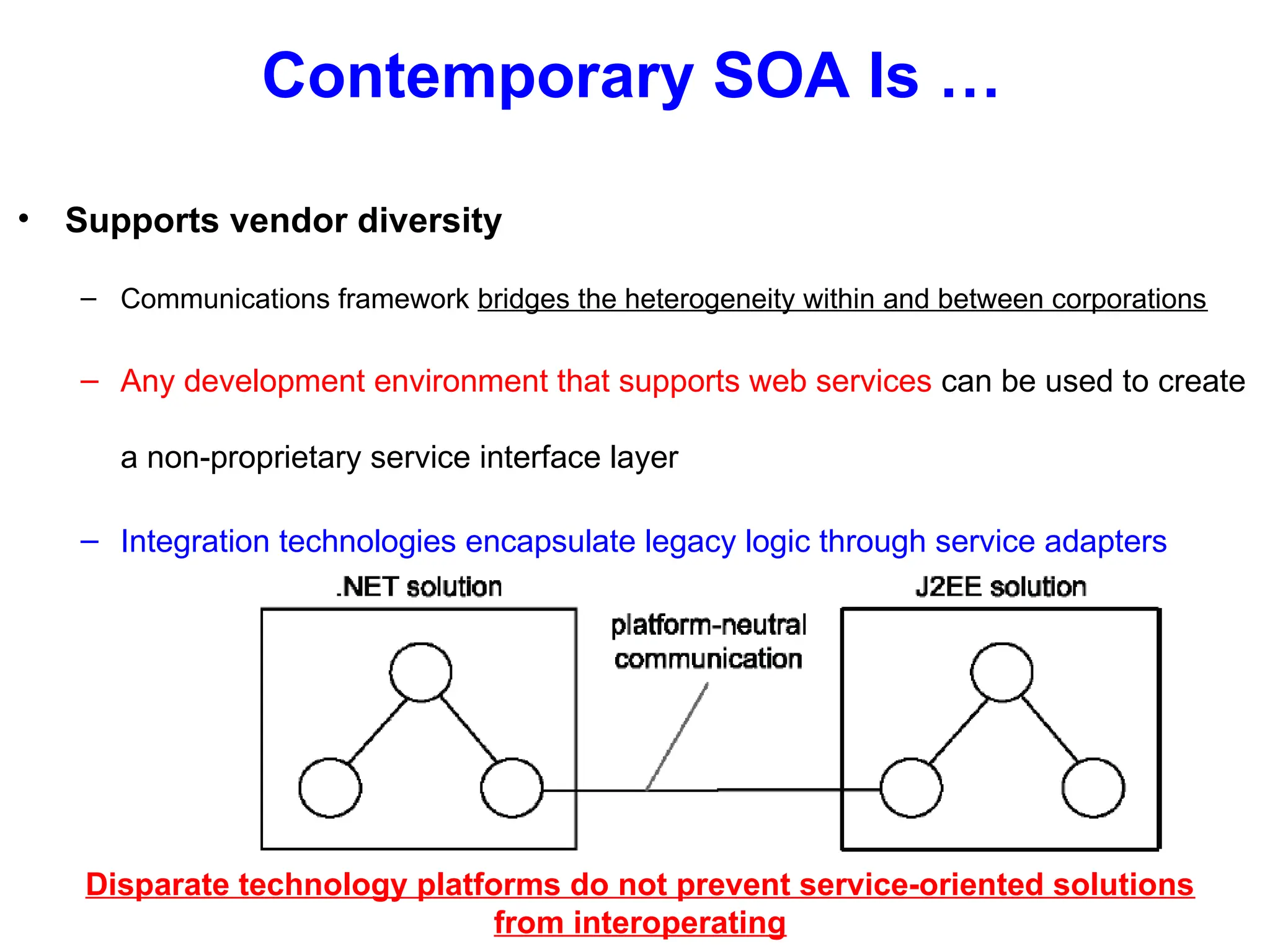 Contemporary SOA Is …
• Supports vendor diversity
– Communications framework bridges the heterogeneity within and between corporations
– Any development environment that supports web services can be used to create
a non-proprietary service interface layer
– Integration technologies encapsulate legacy logic through service adapters
Disparate technology platforms do not prevent service-oriented solutions
from interoperating
 