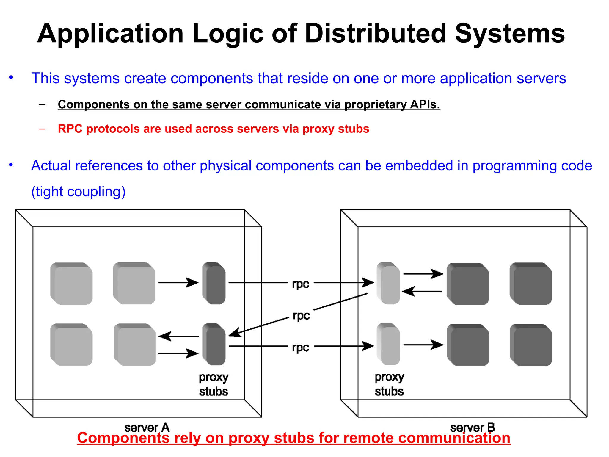 Application Logic of Distributed Systems
• This systems create components that reside on one or more application servers
– Components on the same server communicate via proprietary APIs.
– RPC protocols are used across servers via proxy stubs
• Actual references to other physical components can be embedded in programming code
(tight coupling)
Components rely on proxy stubs for remote communication
 