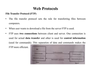 Web Protocols
File Transfer Protocol (FTP)
• The file transfer protocol sets the rule for transferring files between
computers.
• When user wants to download a file from the server FTP is used.
• FTP uses two connections between client and server. One connection is
used for actual data transfer and other is used for control information
(used for commands). This separation of data and commands makes the
FTP more efficient.
 