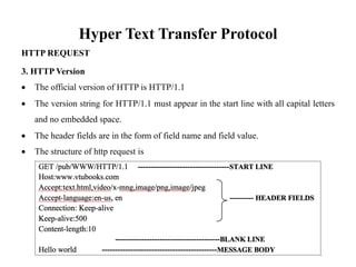 Hyper Text Transfer Protocol
HTTP REQUEST
3. HTTP Version
• The official version of HTTP is HTTP/1.1
• The version string for HTTP/1.1 must appear in the start line with all capital letters
and no embedded space.
• The header fields are in the form of field name and field value.
• The structure of http request is
 