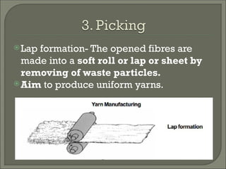 Lap formation- The opened fibres are
made into a soft roll or lap or sheet by
removing of waste particles.
Aim to produce uniform yarns.
 