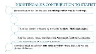 NIGHTINGALE'S CONTRIBUTION TO STATISTI
Her contribution was that she used statistical graphics to rally for change.
She believed in data based decisions and wanted everybody to understand
her data and came up with simple graphics
She was the first woman to be elected to the Royal Statistical Society
She was the first female member of the American Statistical Association.
There is so much talk about "data based decisions" these days. She was the
pioneer of this idea.
 