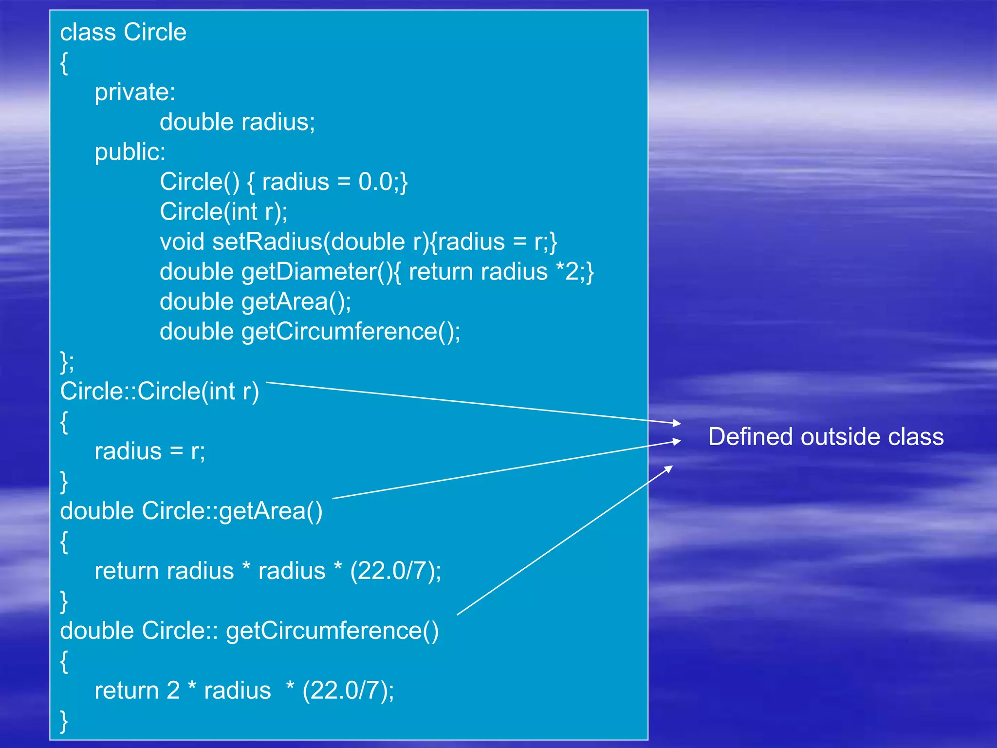 class Circle
{
private:
double radius;
public:
Circle() { radius = 0.0;}
Circle(int r);
void setRadius(double r){radius = r;}
double getDiameter(){ return radius *2;}
double getArea();
double getCircumference();
};
Circle::Circle(int r)
{
radius = r;
}
double Circle::getArea()
{
return radius * radius * (22.0/7);
}
double Circle:: getCircumference()
{
return 2 * radius * (22.0/7);
}
Defined outside class
 