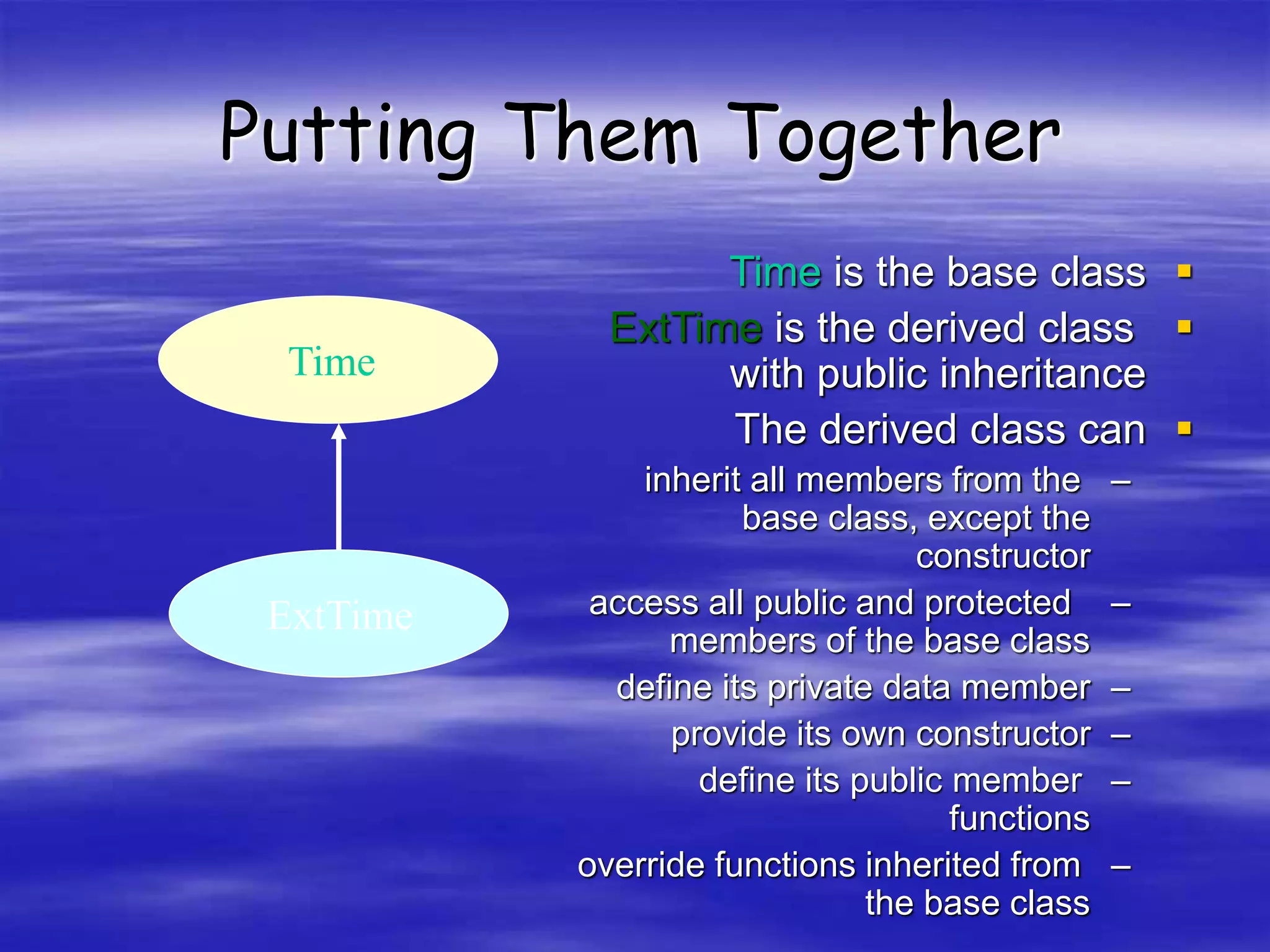 Putting Them Together

Time is the base class

ExtTime is the derived class
with public inheritance

The derived class can
–
inherit all members from the
base class, except the
constructor
–
access all public and protected
members of the base class
–
define its private data member
–
provide its own constructor
–
define its public member
functions
–
override functions inherited from
the base class
ExtTime
Time
 