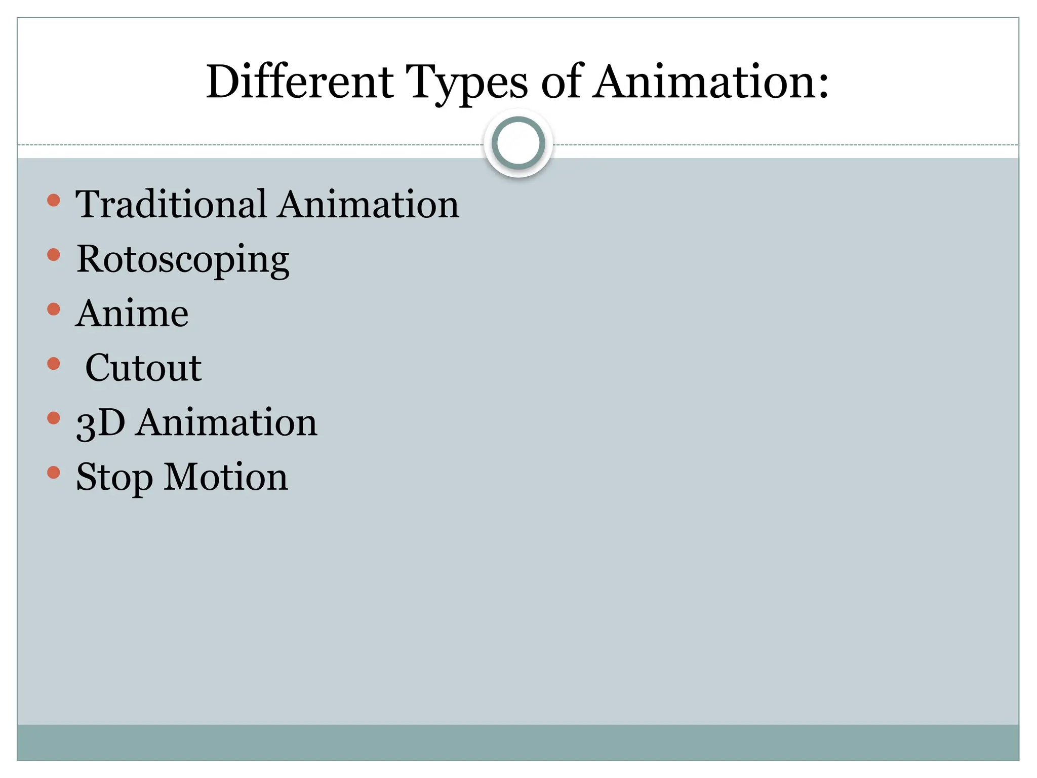 Different Types of Animation:
 Traditional Animation
 Rotoscoping
 Anime
 Cutout
 3D Animation
 Stop Motion
 
