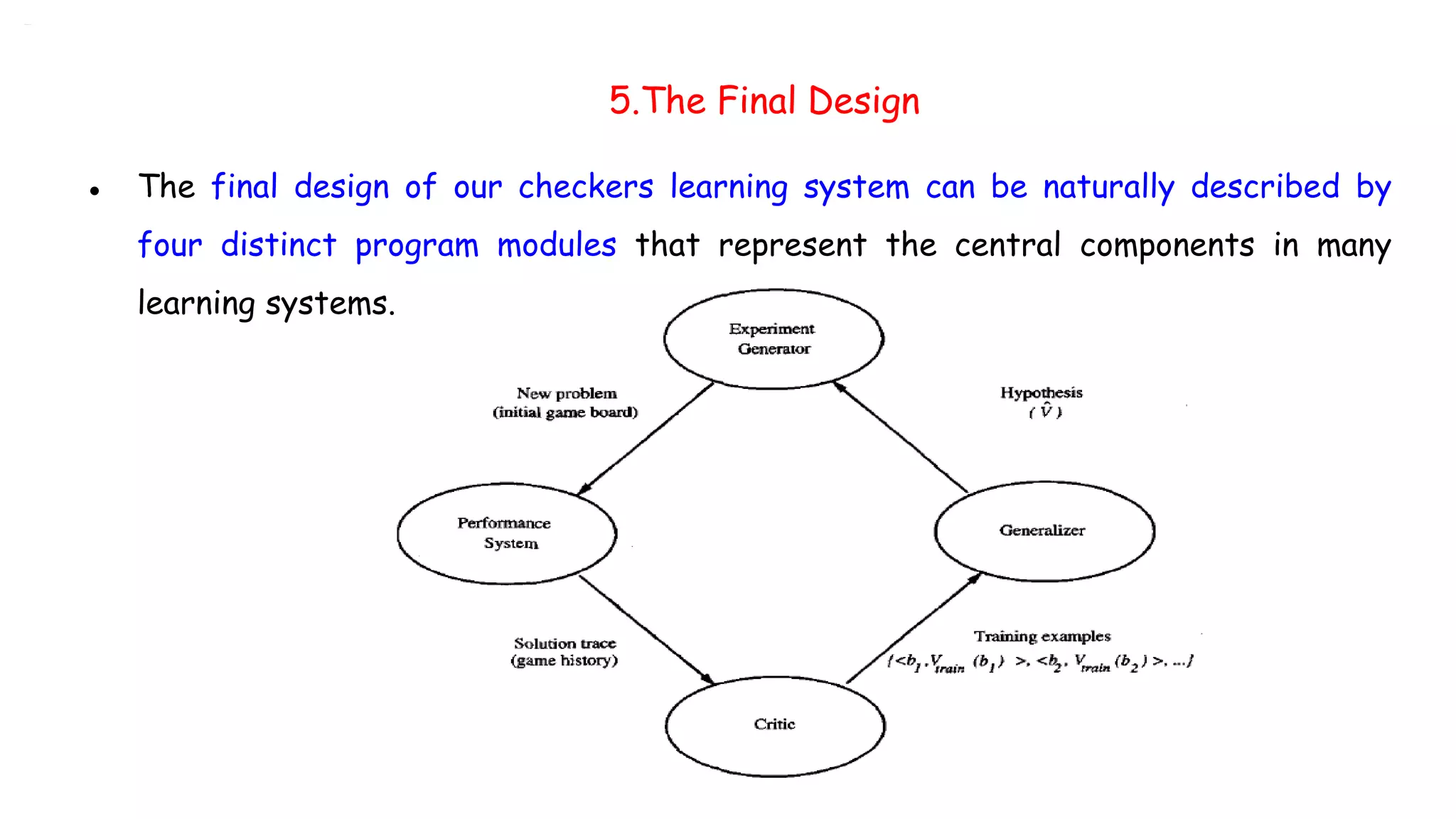 5.The Final Design
● The final design of our checkers learning system can be naturally described by
four distinct program modules that represent the central components in many
learning systems.
 