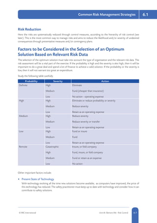 6.1
© RRC International Unit IA: Element IA6 - Risk Control 5-76-7
Common Risk Management Strategies
Risk Reduction
Here the risks are systematically reduced through control measures, according to the hierarchy of risk control (see
later). This is the most common way to manage risks and aims to reduce the likelihood and/or severity of undesired
consequences through preventative measures and/or contingency plans.
Factors to be Considered in the Selection of an Optimum
Solution Based on Relevant Risk Data
The selection of the optimum solution must take into account the type of organisation and the relevant risk data. The
risk assessment will be a vital part of the exercise. If the probability is high and the severity is also high, then it will be
important to do a great deal and spend a lot of finance to achieve a valid solution. If the probability or the severity is
low, then it will not warrant too great an expenditure.
Study the following table carefully:
Probability Severity Action
Definite High
Medium
Low
Eliminate
Fund (cheaper than insurance)
No action - operating expense
High High
Medium
Low
Eliminate or reduce probability or severity
Reduce severity
Retain as an operating expense
Medium High
Medium
Low
Reduce severity
Reduce severity or transfer
Retain as an operating expense
Low High
Medium
Low
Fund or insure
Fund
Retain as an operating expense
Remote Catastrophic
High
Medium
Low
Insure, or fold company
Fund, insure, or fold company
Fund or retain as an expense
No action
Other important factors include:
•	 Present State of Technology
With technology evolving all the time new solutions become available; as computers have improved, the price of
this technology has reduced. The safety practitioner must keep up to date with technology and consider how it can
contribute to safety solutions.
 