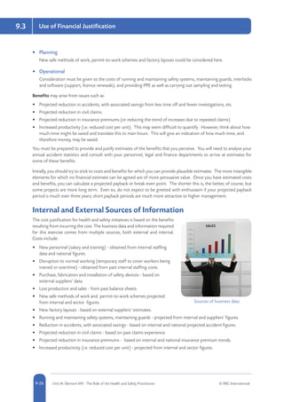 5-26 Unit IA: Element IA9 - The Role of the Health and Safety Practitioner © RRC International9-26
Use of Financial Justification9.3
•	 Planning
New safe methods of work, permit-to-work schemes and factory layouts could be considered here.
•	 Operational
Consideration must be given to the costs of running and maintaining safety systems, maintaining guards, interlocks
and software (support, licence renewals), and providing PPE as well as carrying out sampling and testing.
Benefits may arise from issues such as:
•	 Projected reduction in accidents, with associated savings from less time off and fewer investigations, etc.
•	 Projected reduction in civil claims.
•	 Projected reduction in insurance premiums (or reducing the trend of increases due to repeated claims).
•	 Increased productivity (i.e. reduced cost per unit). This may seem difficult to quantify. However, think about how
much time might be saved and translate this to man-hours. This will give an indication of how much time, and
therefore money, may be saved.
You must be prepared to provide and justify estimates of the benefits that you perceive. You will need to analyse your
annual accident statistics and consult with your personnel, legal and finance departments to arrive at estimates for
some of these benefits.
Initially, you should try to stick to costs and benefits for which you can provide plausible estimates. The more intangible
elements for which no financial estimate can be agreed are of more persuasive value. Once you have estimated costs
and benefits, you can calculate a projected payback or break-even point. The shorter this is, the better, of course, but
some projects are more long term. Even so, do not expect to be greeted with enthusiasm if your projected payback
period is much over three years; short payback periods are much more attractive to higher management.
Internal and External Sources of Information
The cost justification for health and safety initiatives is based on the benefits
resulting from incurring the cost. The business data and information required
for this exercise comes from multiple sources, both external and internal.
Costs include:
•	 New personnel (salary and training) - obtained from internal staffing
data and national figures.
•	 Disruption to normal working (temporary staff to cover workers being
trained or overtime) - obtained from past internal staffing costs.
•	 Purchase, fabrication and installation of safety devices - based on
external suppliers’ data.
•	 Lost production and sales - from past balance sheets.
•	 New safe methods of work and permit-to-work schemes projected
from internal and sector figures.
•	 New factory layouts - based on external suppliers’ estimates.
•	 Running and maintaining safety systems, maintaining guards - projected from internal and suppliers’ figures.
•	 Reduction in accidents, with associated savings - based on internal and national projected accident figures.
•	 Projected reduction in civil claims - based on past claims experience.
•	 Projected reduction in insurance premiums - based on internal and national insurance premium trends.
•	 Increased productivity (i.e. reduced cost per unit) - projected from internal and sector figures.
Sources of business data
 