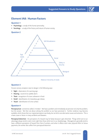 1-7© RRC International Unit IA - Part 2: Suggested Answers
Suggested Answers to Study Questions
7
8
Element IA8: Human Factors
Question 1
•	 Psychology - a study of the human personality.
•	 Sociology - a study of the history and nature of human society.
Question 2
Task
needs
Biological
Safety or
Security
Social
Esteem
Self-Actualisation
Maslow’s hierarchy of needs
Question 3
Human sensory receptors react to danger in the following ways:
•	 Sight - observation of a warning sign.
•	 Hearing - sound of an audible alarm.
•	 Taste - recognition of a toxic substance in food.
•	 Smell - identification of a hazardous gas release.
•	 Touch - identification of a hot surface.
Question 4
Perceptual set: sometimes called a ‘mindset’. We have a problem and immediately we perceive not only the problem,
but the answer. We then set about solving the problem as we have perceived it. Further evidence may become
available, which shows that our original perception was faulty, but we fail to see alternative causes and solutions. This is
a basic cause or factor in many accidents and disasters.
Perceptual distortion: the perception of a hazard may be faulty because it gets distorted. Things which are to our
advantage always tend to seem more right than those which are to our disadvantage. Management generally tend to
have a different perception of hazard from that of workers, and when it affects work rates, physical effort or bonus
payments, the worker also suffers from perceptual distortion.
 