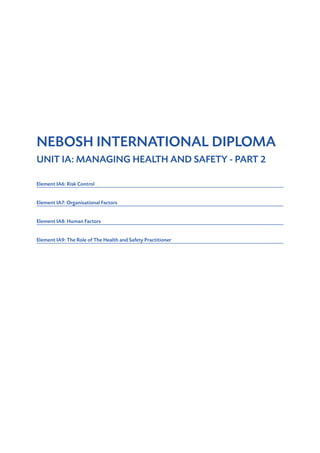 NEBOSH INTERNATIONAL DIPLOMA
UNIT IA: MANAGING HEALTH AND SAFETY - PART 2
Element IA6: Risk Control
Element IA7: Organisational Factors
Element IA8: Human Factors
Element IA9: The Role of The Health and Safety Practitioner	
 