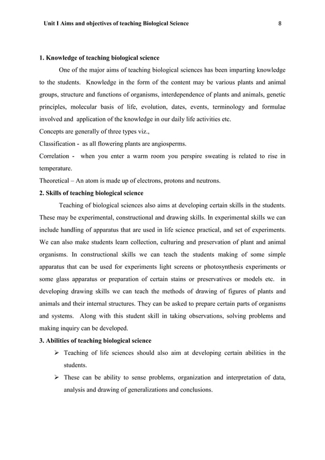 Unit i aims and objectives of teaching biological science PDF
