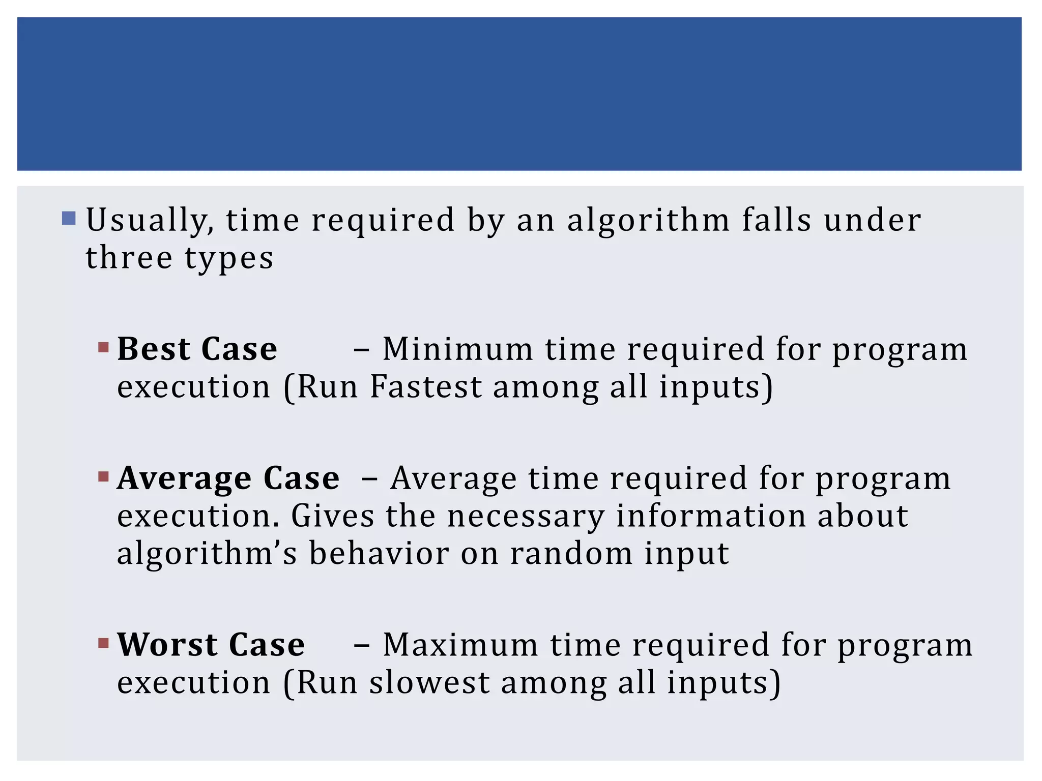  Usually, time required by an algorithm falls under
three types
Best Case − Minimum time required for program
execution (Run Fastest among all inputs)
Average Case − Average time required for program
execution. Gives the necessary information about
algorithm’s behavior on random input
Worst Case − Maximum time required for program
execution (Run slowest among all inputs)
 