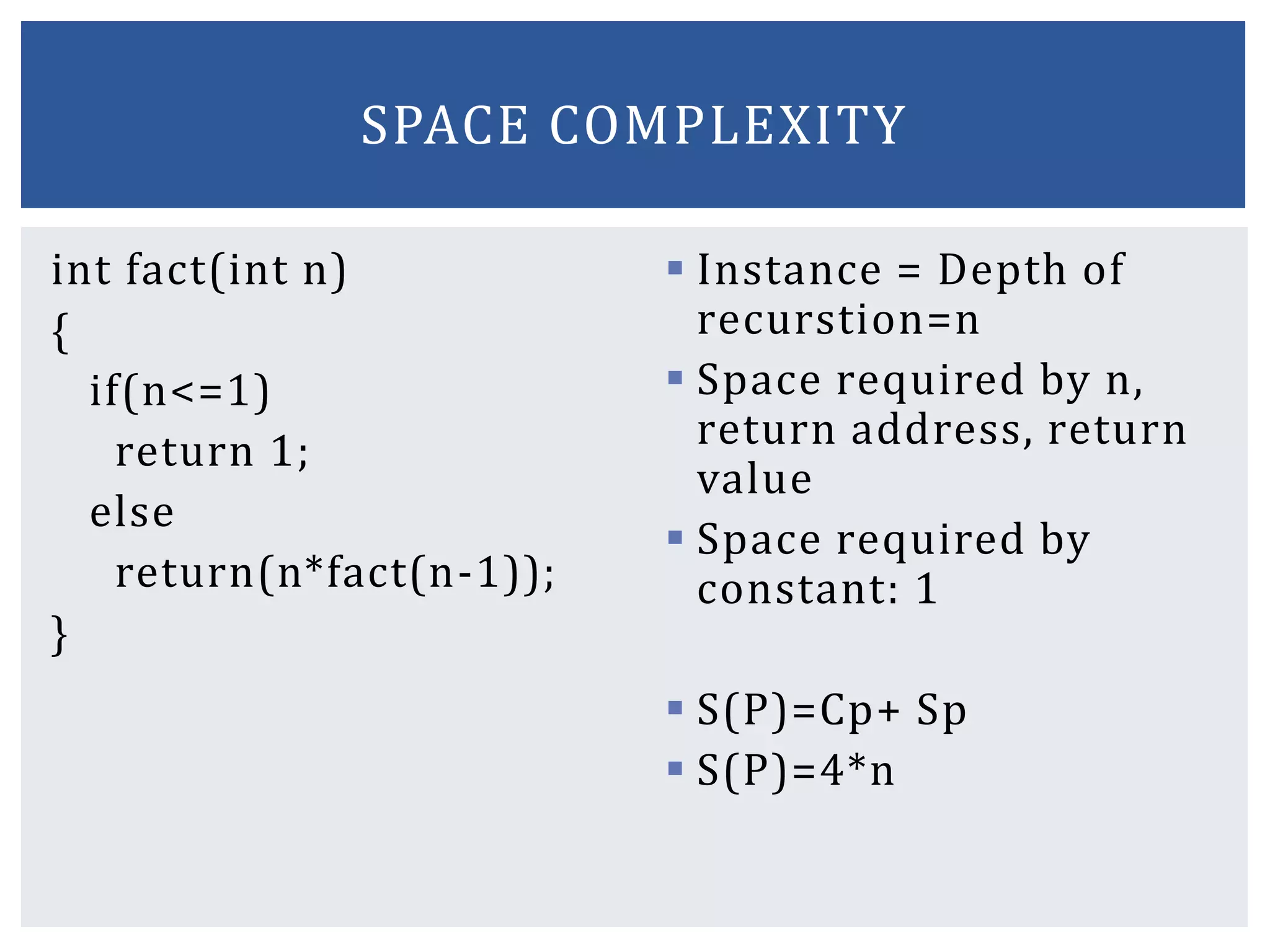 int fact(int n)
{
if(n<=1)
return 1;
else
return(n*fact(n-1));
}
 Instance = Depth of
recurstion=n
 Space required by n,
return address, return
value
 Space required by
constant: 1
 S(P)=Cp+ Sp
 S(P)=4*n
SPACE COMPLEXITY
 