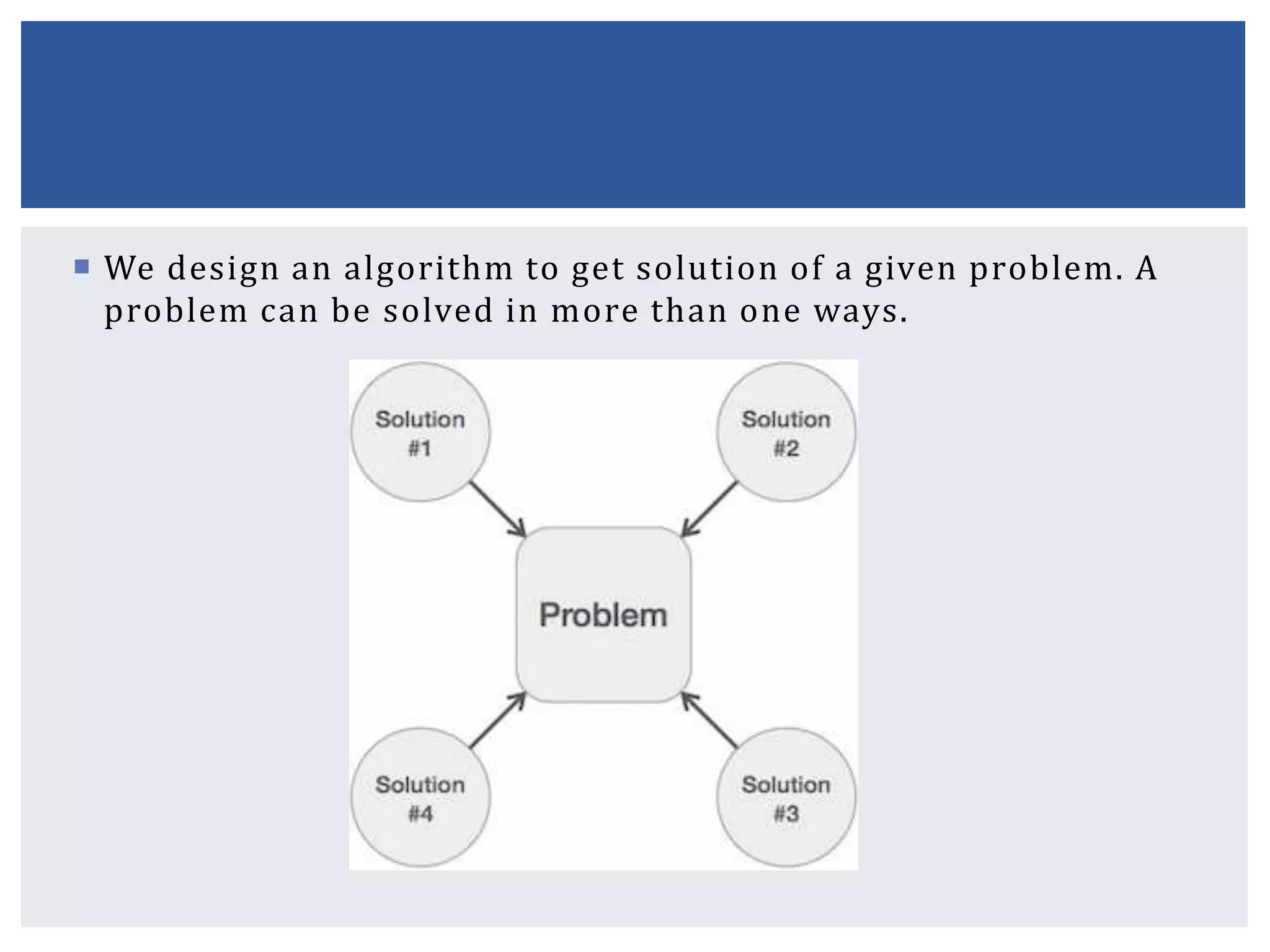  We design an algorithm to get solution of a given problem. A
problem can be solved in more than one ways.
 