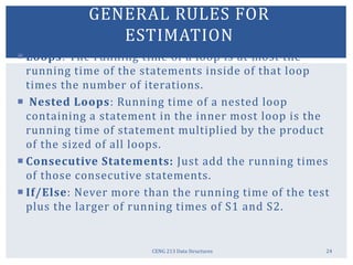 CENG 213 Data Structures 24
GENERAL RULES FOR
ESTIMATION
 Loops: The running time of a loop is at most the
running time of the statements inside of that loop
times the number of iterations.
 Nested Loops: Running time of a nested loop
containing a statement in the inner most loop is the
running time of statement multiplied by the product
of the sized of all loops.
 Consecutive Statements: Just add the running times
of those consecutive statements.
 If/Else: Never more than the running time of the test
plus the larger of running times of S1 and S2.
 
