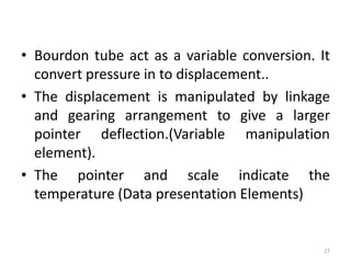 • Bourdon tube act as a variable conversion. It
convert pressure in to displacement..
• The displacement is manipulated by linkage
and gearing arrangement to give a larger
pointer deflection.(Variable manipulation
element).
• The pointer and scale indicate the
temperature (Data presentation Elements)
27
 