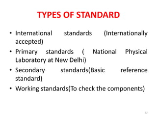 TYPES OF STANDARD
• International standards (Internationally
accepted)
• Primary standards ( National Physical
Laboratory at New Delhi)
• Secondary standards(Basic reference
standard)
• Working standards(To check the components)
32
 