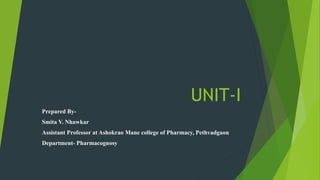 UNIT-I
Prepared By-
Smita V. Nhawkar
Assistant Professor at Ashokrao Mane college of Pharmacy, Pethvadgaon
Department- Pharmacognosy
 