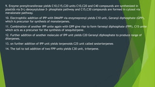 9. Enzyme prenyltransferase yields C10,C15,C20 units C10,C20 and C40 compounds are synthesized in
plastids via D-L-deoxyxylulose-3- phosphate pathway and C15,C30 compounds are formed in cytosol via
mevalonate pathway.
10. Electrophilic addition of IPP with DMAPP via enzymeprenyl yields C10 unit, Geranyl diphosphate (GPP),
which is precursor for synthesis of monoterpenes.
11. Combination of another IPP unite again with GPP give rise to form farnesyl diphosphate (FPP), C15 unite
which acts as a precursor for the synthesis of sesquiterpene.
12. Further addition of another molecule of IPP unit yields C20 Geranyl diphosphate to produce range of
diterpenes.
13. on further addition of IPP unit yields terpenoids C25 unit called sesterterpenes
14. The tail to tail addition of two FPP units yields C30 unit, triterpene.
 