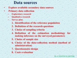 Data sources
• Explore available secondary data sources
• Primary data collection
– Exploratory research
– Qualitative research
– Survey plan
1. Identification of the reference population
2. Definition of the research questions
3. Choice of sampling criteria
4. Definition of the estimation methodology for
making inference on the surveyed parameters
5. Choice of sample size
6. Choice of the data-collection method (method of
administration)
7. Questionnaire design
8. Costs evaluation
Dr.A.DINESH KARTHIK
 