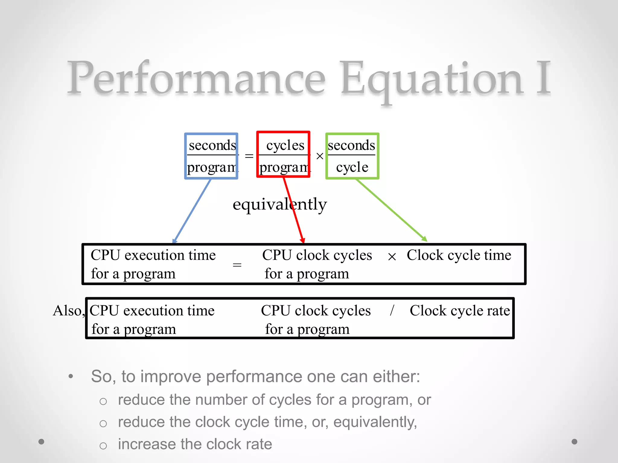 Performance Equation I
• So, to improve performance one can either:
o reduce the number of cycles for a program, or
o reduce the clock cycle time, or, equivalently,
o increase the clock rate
seconds
program

cycles
program

seconds
cycle
CPU execution time CPU clock cycles Clock cycle time
for a program for a program
=

equivalently
Also, CPU execution time CPU clock cycles / Clock cycle rate
for a program for a program
 