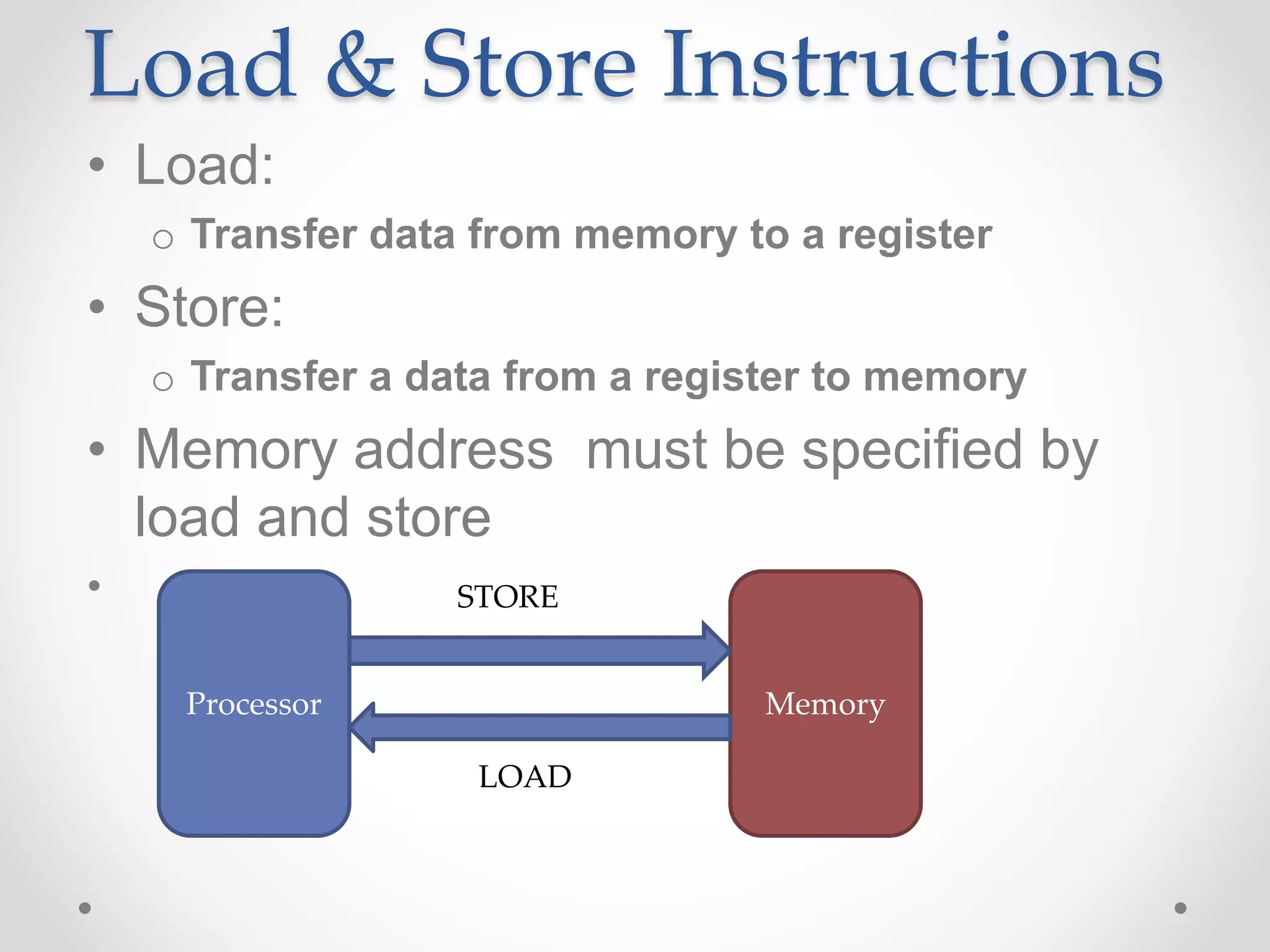 Load & Store Instructions
• Load:
o Transfer data from memory to a register
• Store:
o Transfer a data from a register to memory
• Memory address must be specified by
load and store
•
Processor Memory
STORE
LOAD
 