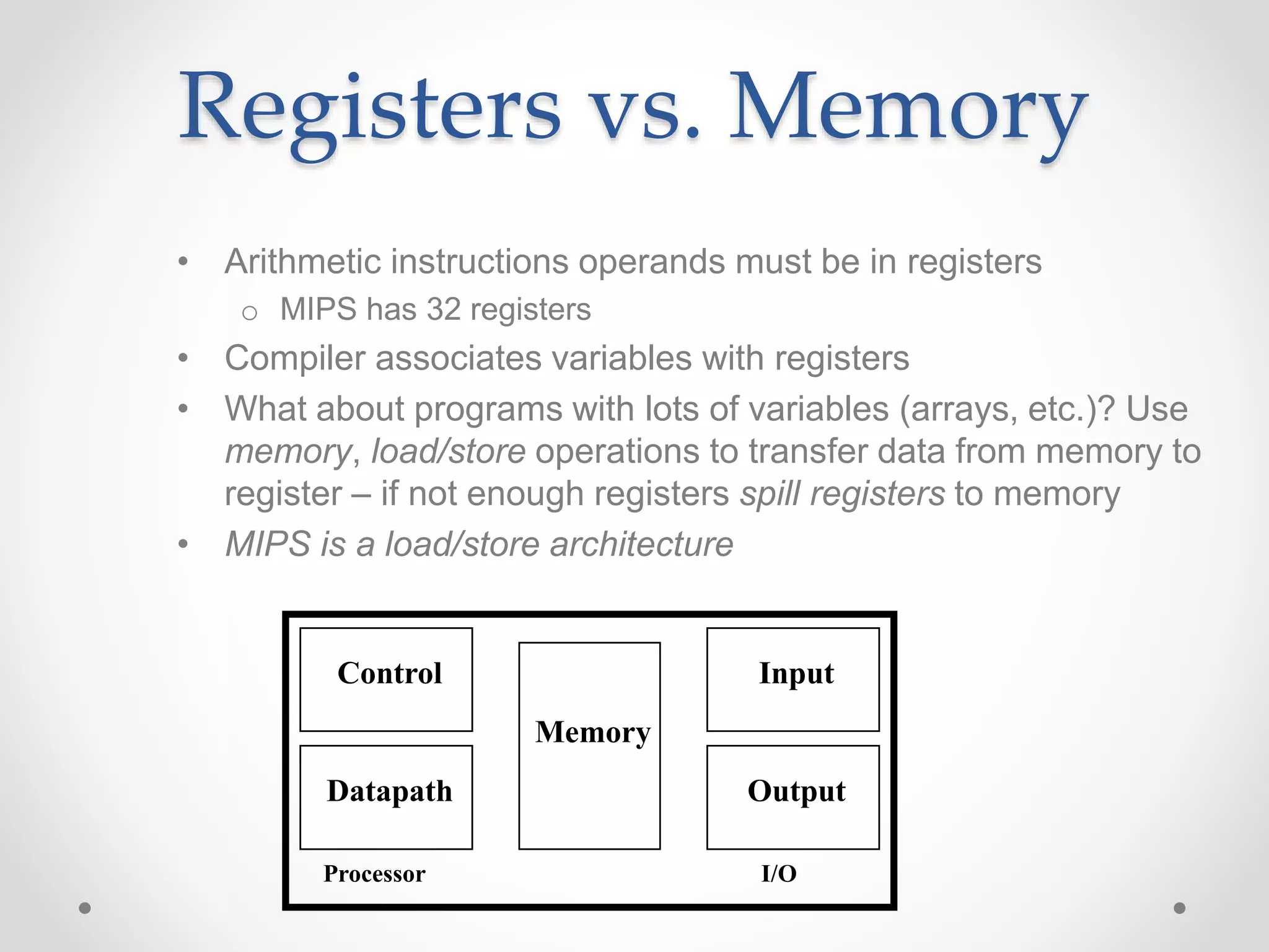Registers vs. Memory
• Arithmetic instructions operands must be in registers
o MIPS has 32 registers
• Compiler associates variables with registers
• What about programs with lots of variables (arrays, etc.)? Use
memory, load/store operations to transfer data from memory to
register – if not enough registers spill registers to memory
• MIPS is a load/store architecture
Processor I/O
Control
Datapath
Memory
Input
Output
 