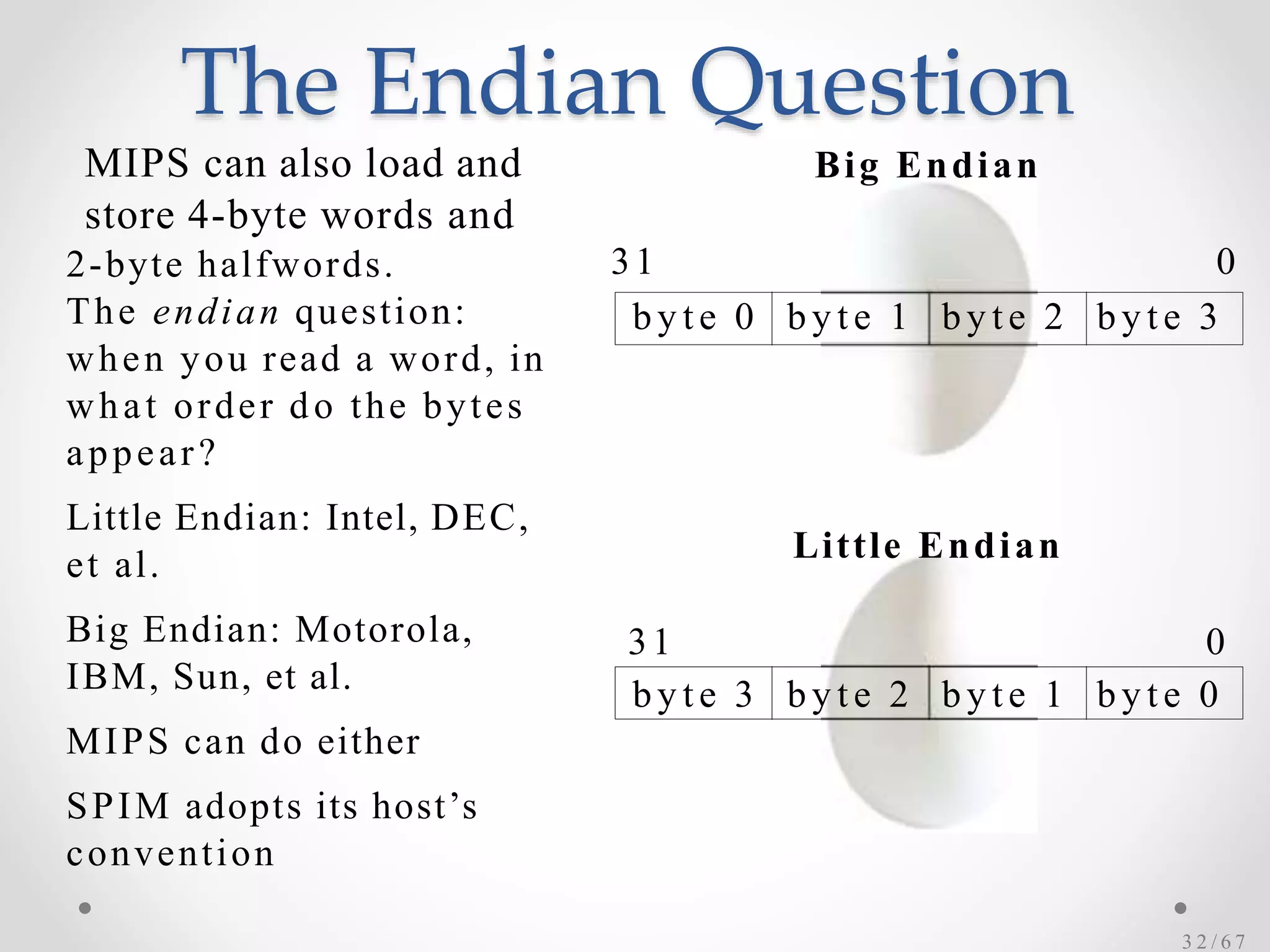The Endian Question
Big Endian
31 0
MIPS can also load and
store 4-byte words and
2-byte halfwords.
The endian question:
when you read a word, in
what order do the bytes
appear?
Little Endian: Intel, DEC,
et al.
Big Endian: Motorola,
IBM, Sun, et al.
MIPS can do either
SPIM adopts its host’s
convention
by te 0 by te 1 by te 2 by te 3
Little Endian
31 0
by te 3 by te 2 by te 1 by te 0
3 2 / 6 7
 